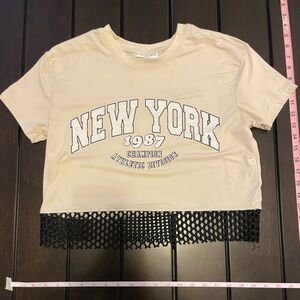 Jolie & Joy New York Graphic Top with Black Mesh Trim